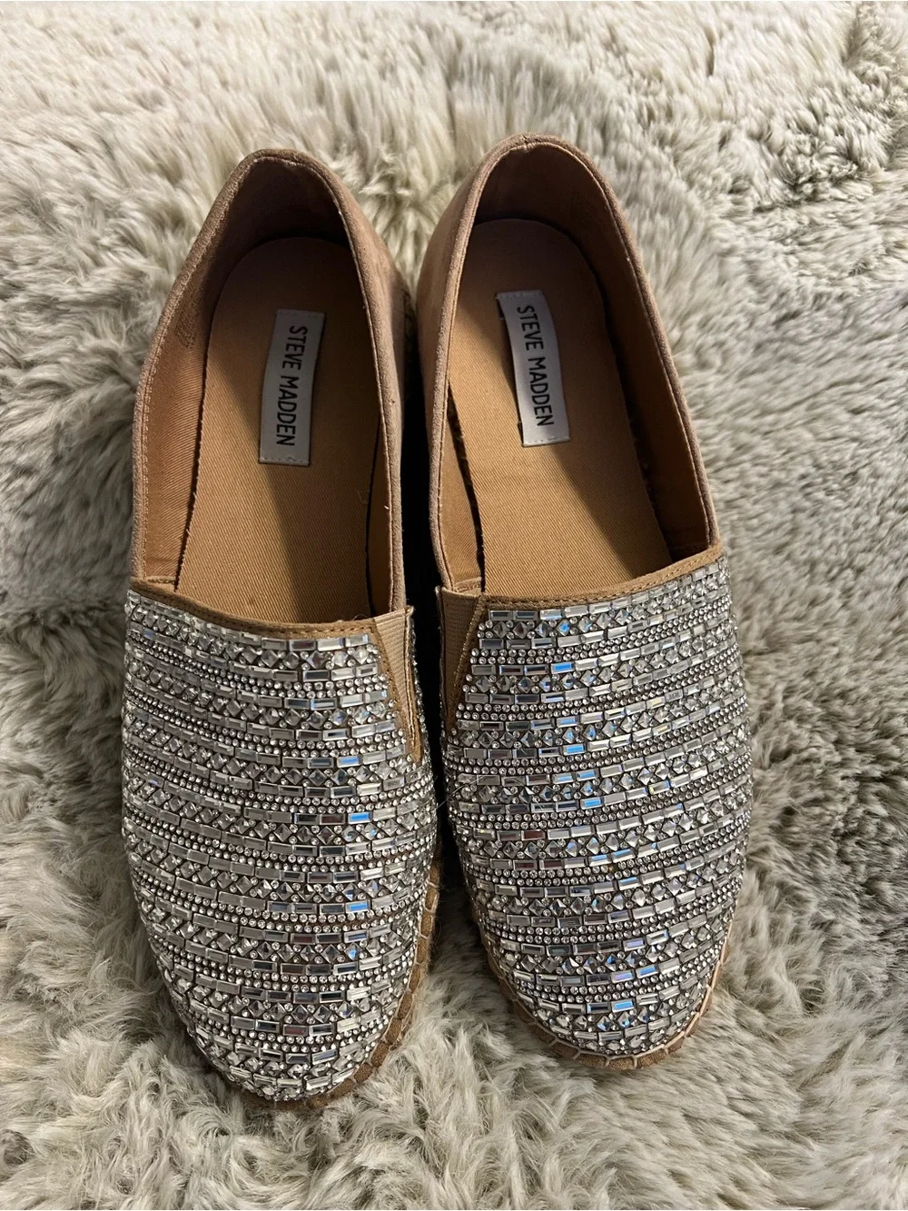 Steve Madden Tan Slip-On Flats with Silver Rhinestone Embellishment